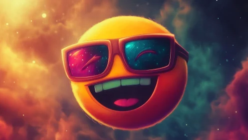 Laughing neon emoji floats through dreamy cosmic clouds