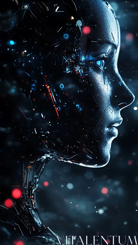 Luminous cybernetic portrait quietly blends human and machine