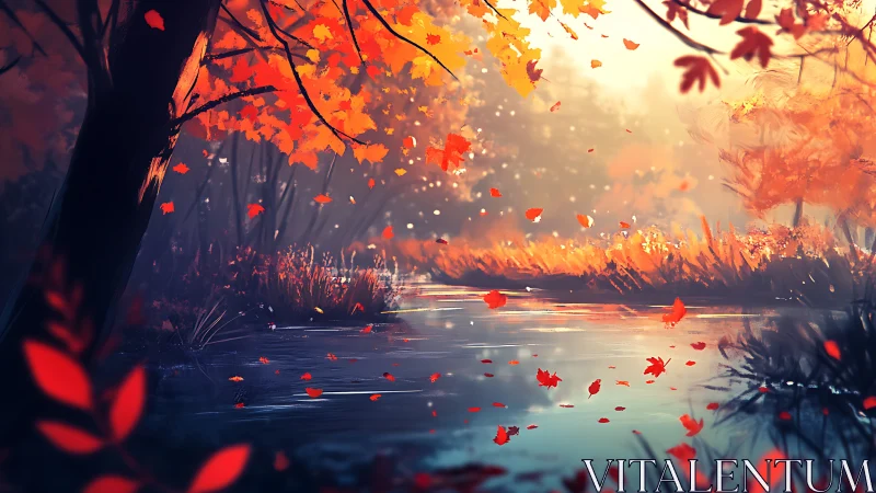 Autumn riverbank rendered in luminous atmospheric digital painting