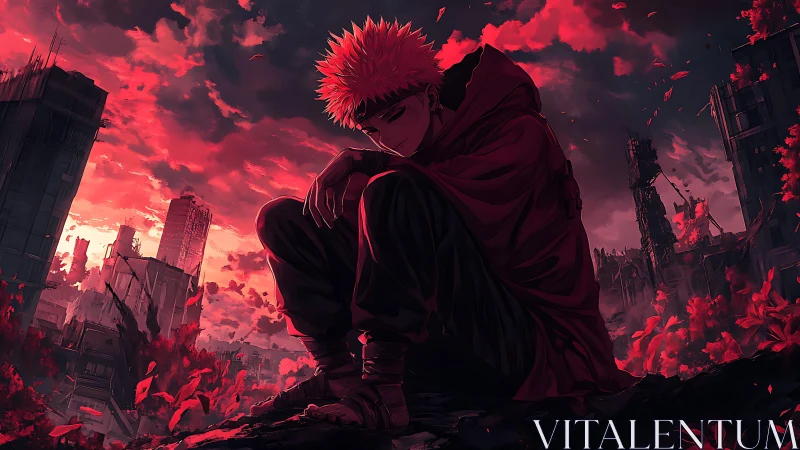 Solitary hooded figure in ruined red cityscape at dusk.