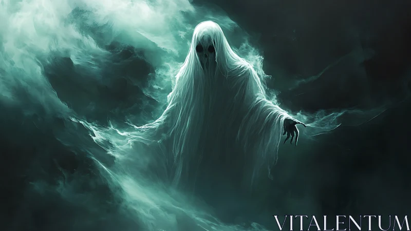 Ghostly specter emerges from swirling teal spectral fog