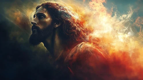 Bearded robed man in fiery clouds and glowing light.