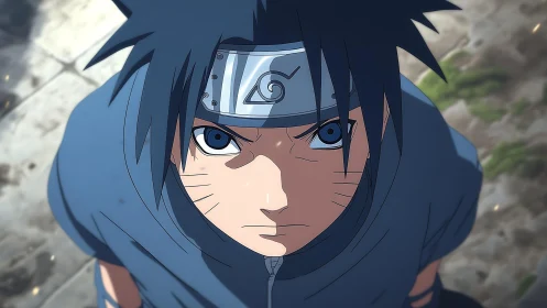 Determined young ninja gazes upward with fierce blue focus.