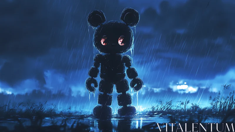 Robot teddy silhouette in blue night rain with red eyes.