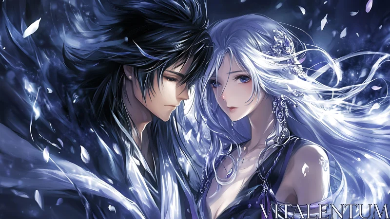 Two anime characters stand close with flowing luminous hair