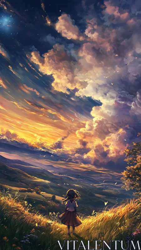 Storm-lit clouds unfurl while a lone girl greets the glowing valley