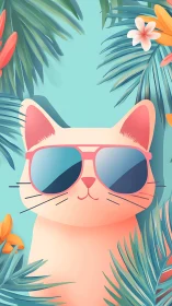Cool Cat in Sunglasses Surrounded by Tropical Foliage