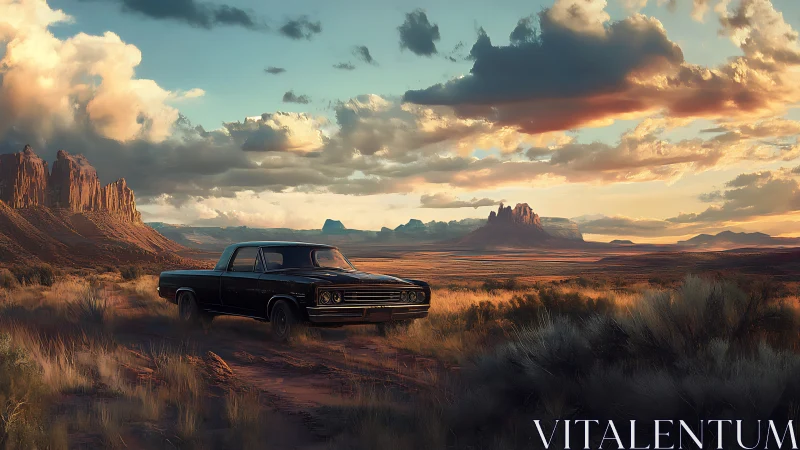 Sunlit classic sedan parked in arid desert valley under cumulus sky