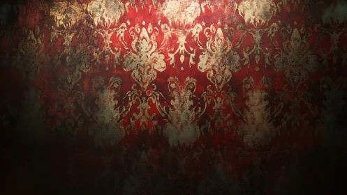 Damask pattern surface shows worn red and gold texture