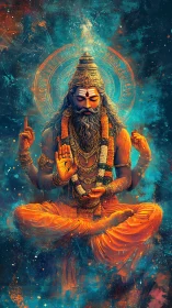 Meditative Hindu sage in vibrant cosmic digital artwork.
