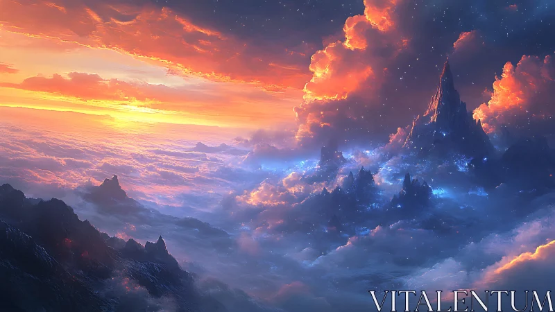 Luminous sky mountains rise above glowing clouds at sunset