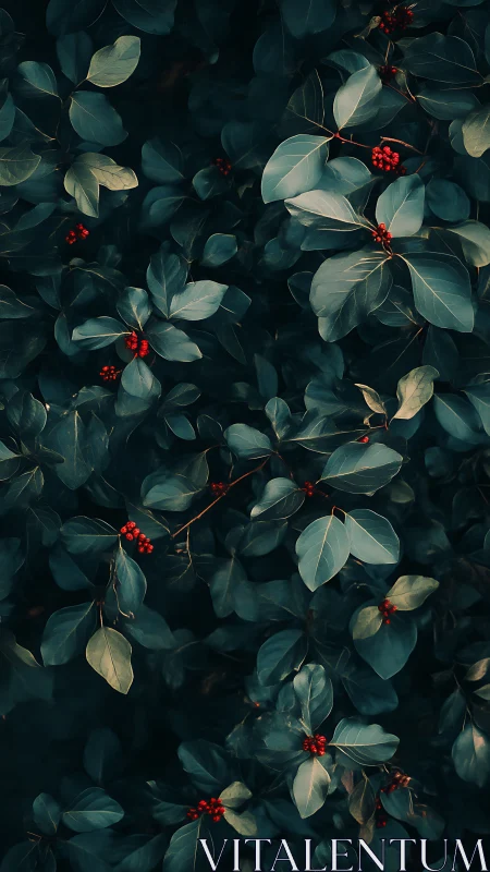 Dark teal foliage frames vivid red forest berries clusters.