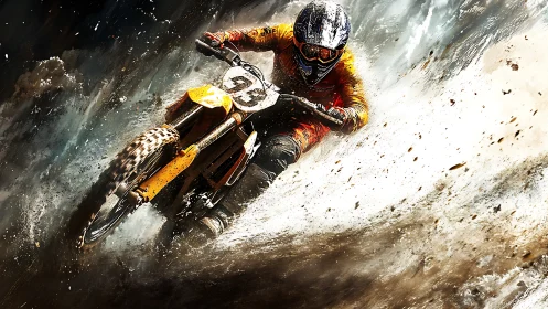 Dynamic motocross cornering with aggressive roost and motion blur
