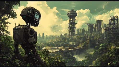 Curious robot quietly studies a lush futuristic city skyline