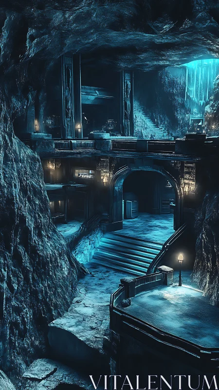 Futuristic cavern stronghold glows under cold blue light