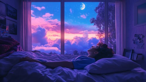 Nocturnal bedroom interior with dreamlike nebular sky view