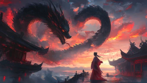 Stormforged dragon coils above crimson temple skies at dusk.