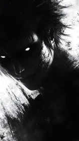 Monochrome spectral portrait with glowing eyes and splatter shadows