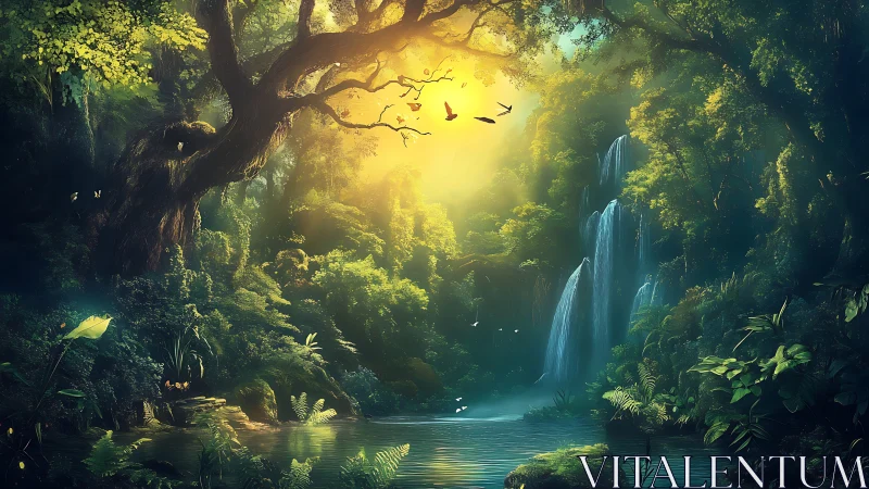 Luminous tropical waterfall glade with dense foliage and mist