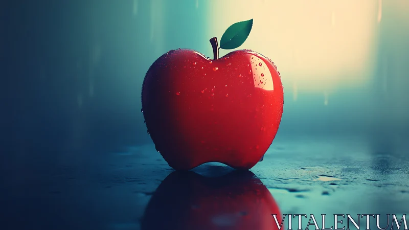 Lustrous red apple in cinematic rain-soaked reflection.