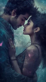 Intimate Embrace Under Ethereal Teal Luminescence.