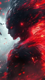 Flaming cyber entity emerges in shards of molten light.