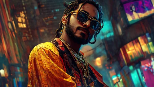 Stylish man in neon city with bold colors and attitude.