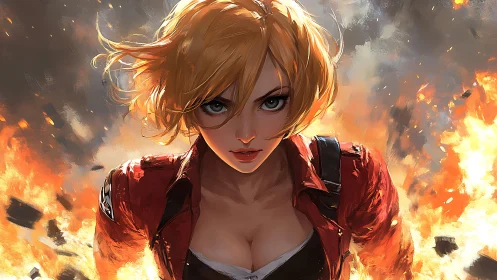 Blonde woman advances forward amid surrounding explosive fire