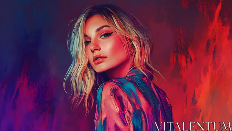 Digital portrait of woman in neon bicolor ambient lighting