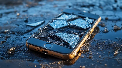 Shattered smartphone lies on wet asphalt in cold blue light.