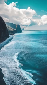 Turquoise coastal cliffs meet luminous surf under towering clouds
