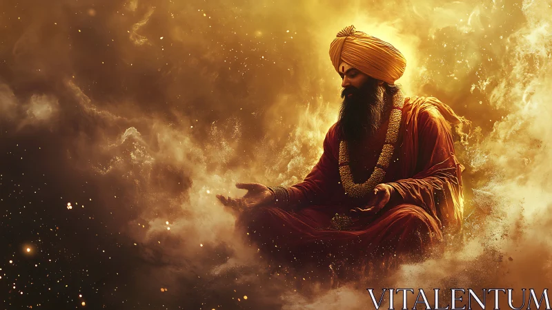 Mystic turbaned sage meditates inside radiant cosmic haze.