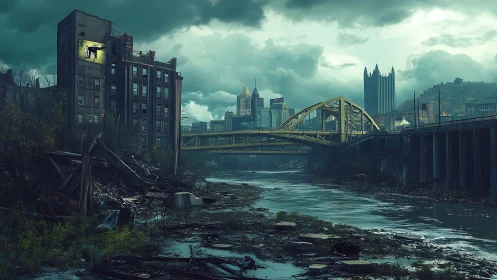 Neon window glows above a drowned, decaying city riverbank.