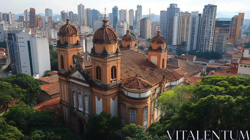 Sun-warmed baroque cathedral cradled by a modern skyline.