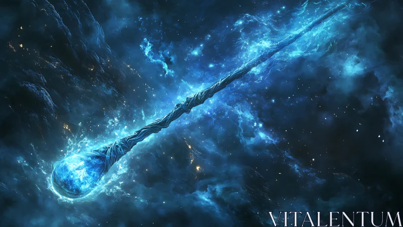 Celestial energy spear streaks through deep blue nebula.