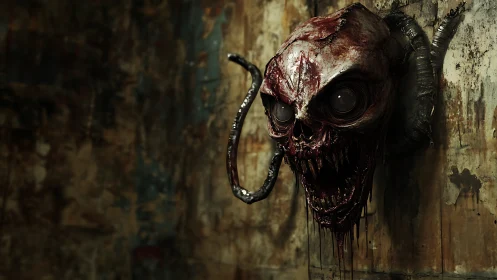 Wall-mounted creature head model exhibits detailed gore texturing