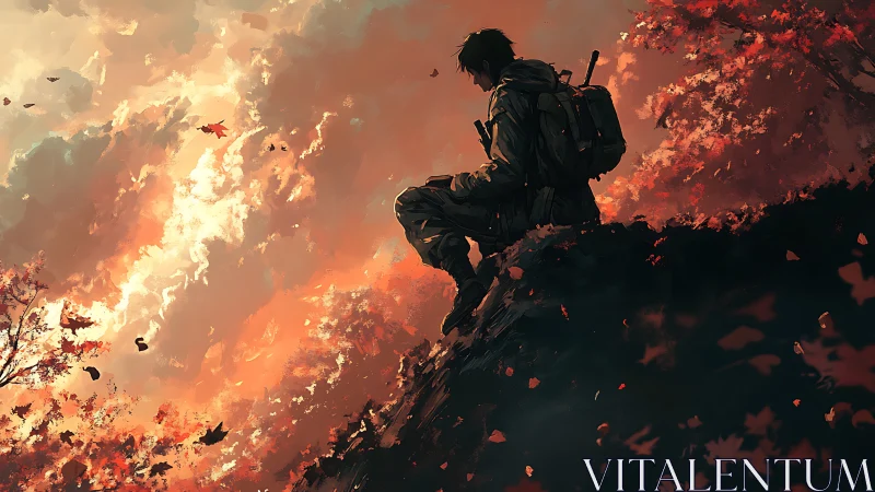 Solitary figure sits on autumn cliff under diffuse sky