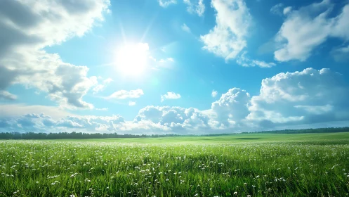 Sunlit grass field extends to distant tree line under clouds