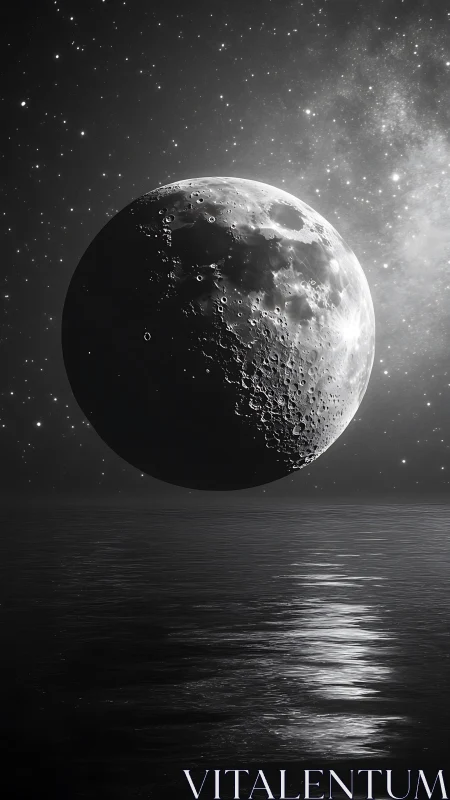 Lunar body over reflective water surface at night.