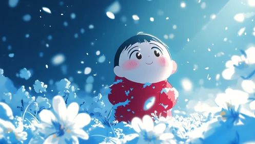 Child in red coat among glowing blue-white blossoms.