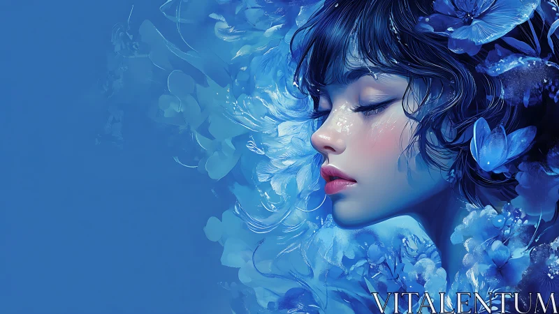 Portrait of serene woman in blue florals, digital painting study