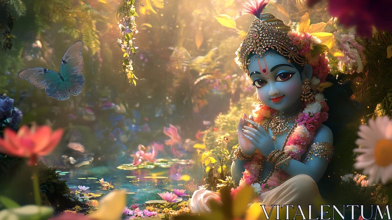 Gentle blue child in a flower bright forest daydream.