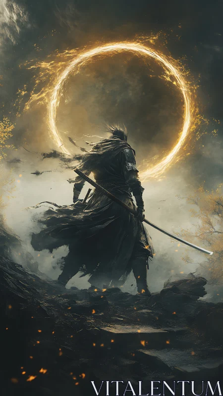 Warrior silhouette beneath blazing arcane fire ring, backlit