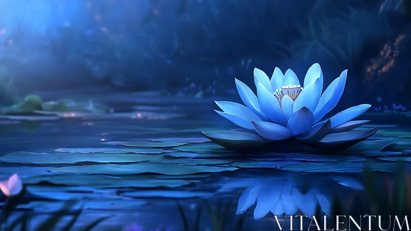 Luminous blue lotus glows softly on a tranquil moonlit pond