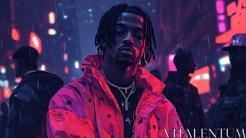 Neon rain crowns the street poet in electric magenta armor