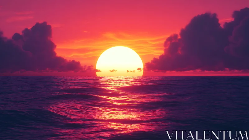 Hyper-saturated digital seascape renders a stylized neon sunset