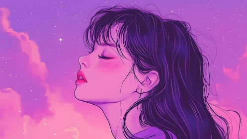 Side-profile portrait isolates stylized female figure in neon dusk