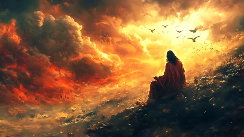 Solitary robed figure under fiery stormlit sky at dusk.