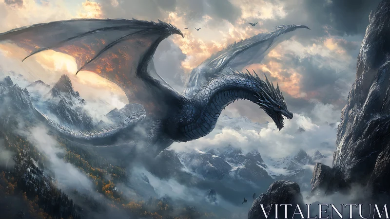 Aerodynamic silver dragon over glaciated alpine ridge system.