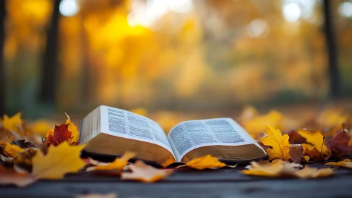 Open bible resting in autumn leaves under golden bokeh light.